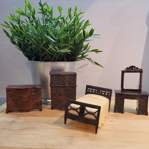 Vintage set of miniature brown plastic bed/dresser for dollhouse 1950